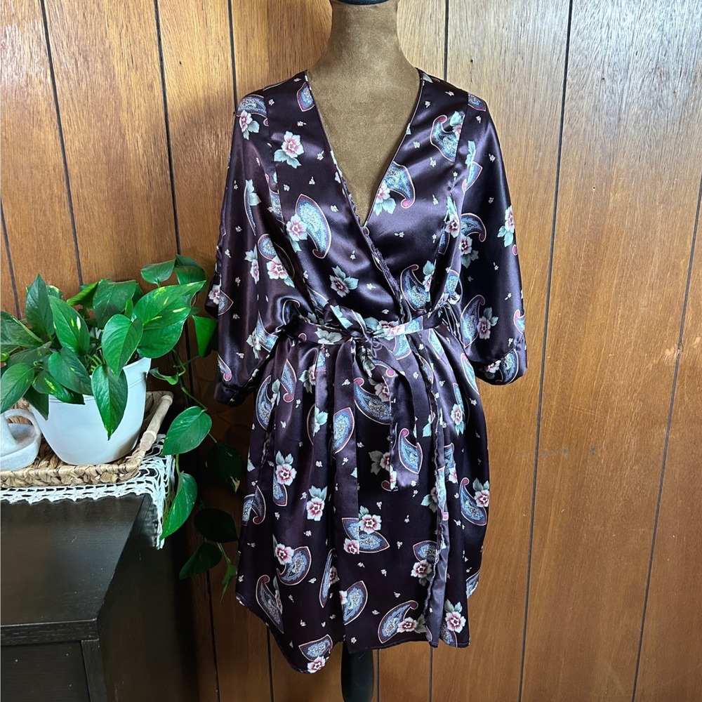 Vintage R Michael Alan Womens Paisley Floral Print Satin Robe Kimono Wrap Robe